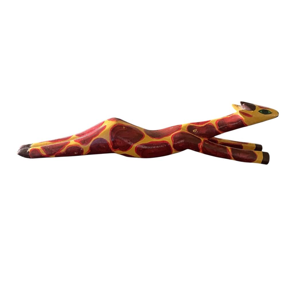Vintage wooden hand painted giraffe stretching home decor 11" long